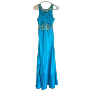 VTG Deb Turquoise Beaded Hoco Gown Babydoll Open Back Y2K Formal Beaded Glam S